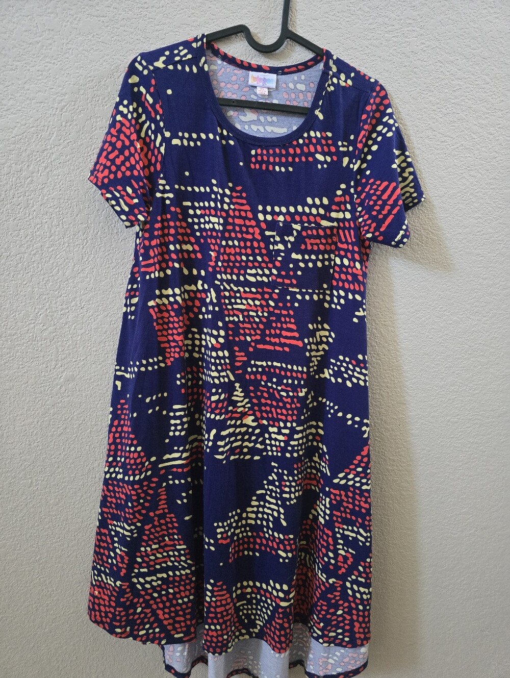 Lula Roe Women’s Navy Short Sleeve Patterned A-Line Dress Carly Swing Dress